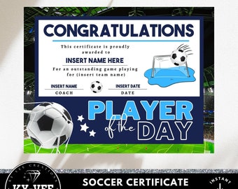 Soccer player of the day certificate, INSTANT DOWNLOAD, editable sports award, printable Canva template, sport recognition for kids, blue