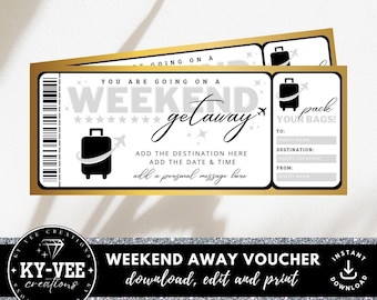 May include: A printable weekend getaway voucher with a gold border and a black and white suitcase icon. The text reads "You are going on a weekend getaway. Pack your bags!" and includes space to add a destination, date, time, and a personal message.