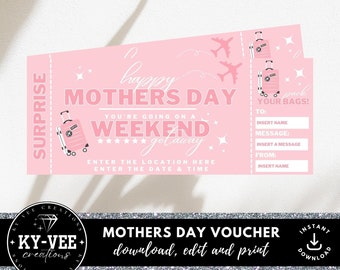 Mothers day weekend getaway gift certificate, INSTANT DOWNLOAD, printable travel gift certificate, editable mothers day gift, travel voucher