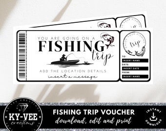 Plantilla de certificado de regalo de pesca imprimible, descarga instantánea, vale de regalo de viaje de pesca editable, tarjeta de regalo de pesca con diseño minimalista.