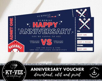 Printable baseball tickets, INSTANT DOWNLOAD, baseball ticket template, happy anniversary baseball tickets, surprise baseball gift voucher