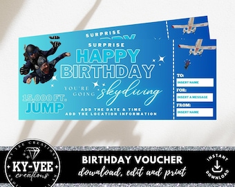 Skydiving gift certificate, INSTANT DOWNLOAD, editable skydiving ticket template, skydiving gift voucher, Canva template, Ombre blue ticket