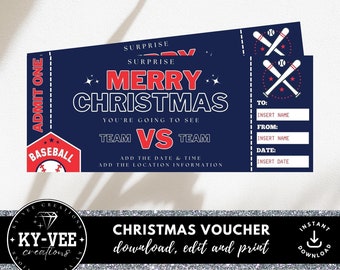Entradas de béisbol para imprimir, DESCARGA INSTANTÁNEA, cupón deportivo sorpresa de Feliz Navidad, plantilla Canva editable, tarjeta de regalo de Navidad de último minuto
