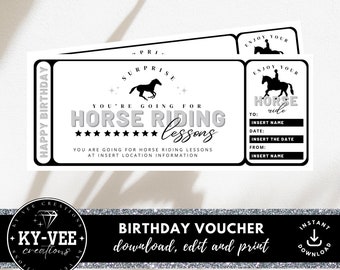 May include: A black and white printable birthday voucher for horse riding lessons. The voucher has a horse illustration and the text "Happy Birthday", "Surprise", "You're going for horse riding lessons", and "Enjoy your horse ride".