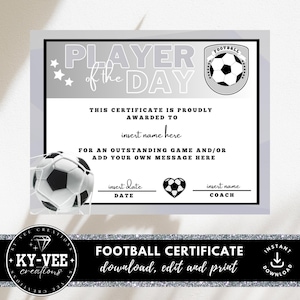 Printable football award certificate, INSTANT DOWNLOAD, editable football certificate template, football player of the day