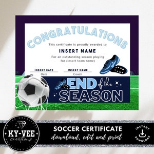Printable soccer award certificate, INSTANT DOWNLOAD, editable soccer certificate template, soccer end of the season certificate