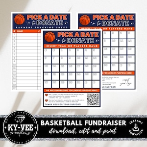Può includere: Modello di raccolta fondi per il basket stampabile con uno schema di colori blu e arancione. Il modello include un calendario con le date dal 1 al 31, un foglio di tracciamento dei pagamenti e un codice QR. Il testo "Scegli una data per donare" è presente sul modello.