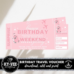 Buono regalo per una fuga di fine settimana, DOWNLOAD IMMEDIATO, buono regalo di viaggio stampabile, modello regalo voucher di viaggio, buono regalo di buon compleanno