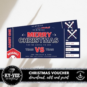 Entradas de béisbol para imprimir, DESCARGA INSTANTÁNEA, cupón deportivo sorpresa de Feliz Navidad, plantilla Canva editable, tarjeta de regalo de Navidad de último minuto