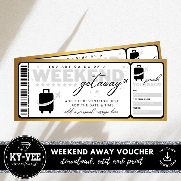 Printable travel gift certificate template, INSTANT DOWNLOAD, weekend getaway gift voucher, DIY Happy birthday card, editable travel ticket