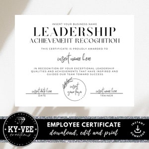 Certificato di riconoscimento del conseguimento della leadership, DOWNLOAD IMMEDIATO, premio stampabile fai-da-te per i dipendenti, modello Canva modificabile, design minimale