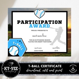 T Ball certificate template, INSTANT DOWNLOAD, editable participation award certificate, T-Ball printable award, Sports team recognition