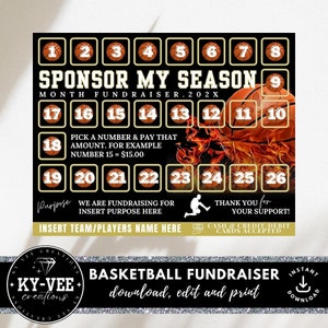Basketball-Spendenvorlage mit Zahlungs-Tracker, Pay-the-Day-Spendenaktion für Sportmannschaft, ein Datum auswählen, um zu spenden bearbeitbar, schwarz / gold