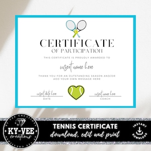 Printable tennis certificate template, INSTANT DOWNLOAD, editable tennis award template, tennis certificate of participation, Canva template