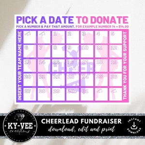 May include: A printable cheerleading fundraiser calendar with a purple and pink gradient background. The calendar features a grid with numbers 1 through 31, and each square has a silhouette of a cheerleader. The text "PICK A DATE TO DONATE" is at the top of the calendar, and the text "THANK YOU FOR YOUR SUPPORT" is on the right side of the calendar.