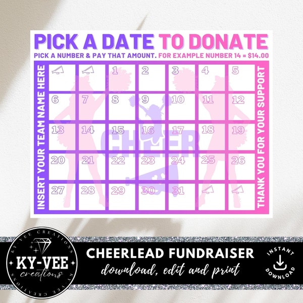 Pick a date to donate cheerleading calendar, Sponsor my uniform cheer, printable Canva template, fundraiser advertisement for sports event