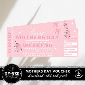 Mothers day weekend getaway gift certificate, INSTANT DOWNLOAD, printable travel gift certificate, editable mothers day gift, travel voucher
