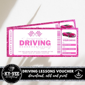 Surprise driving lessons gift certificate, INSTANT DOWNLOAD, driving birthday gift voucher, editable gift card template, pink printable gift