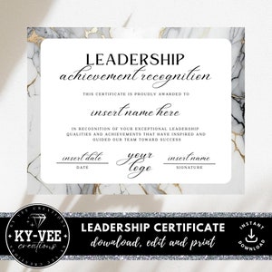 Certificato di riconoscimento dei risultati ottenuti nella leadership, DOWNLOAD IMMEDIATO, premio stampabile per i dipendenti, modello Canva modificabile con bordo in marmo