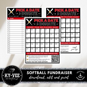 Donation calendar softball, pick a date to donate fundraiser, editable sponsor package template, DIY sports event add a QR code or your logo