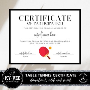 Table tennis award certificate template, INSTANT DOWNLOAD, printable sports participation recognition, team achievement minimal Canva design