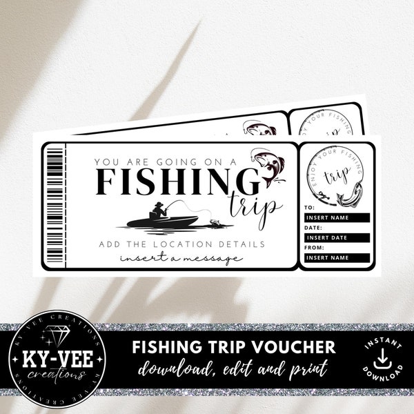 Printable fishing gift certificate template, INSTANT DOWNLOAD, editable fishing trip gift voucher, fishing gift card minimal design