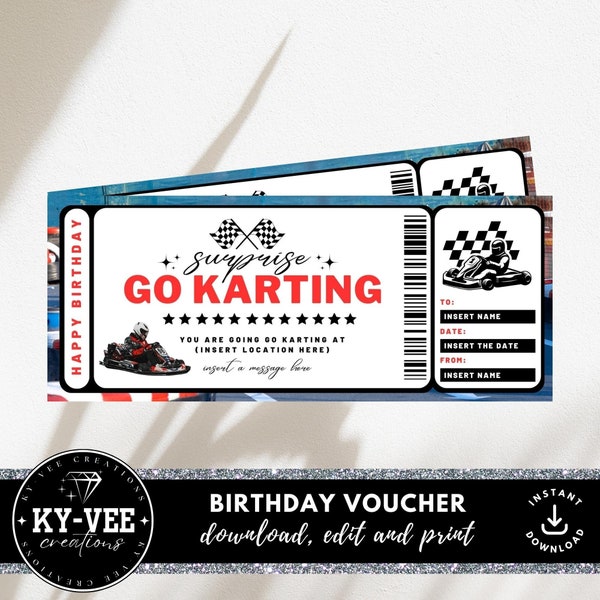 Go Kart racing for kids gift voucher, INSTANT DOWNLOAD, editable go karting birthday ticket, surprise kids racing go karts, printable gift