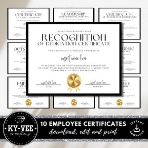 10 modelos de certificados de funcionários, DOWNLOAD INSTANTÂNEO, prêmios imprimíveis para funcionários, pacote editável de reconhecimento/apreciação, preto e dourado