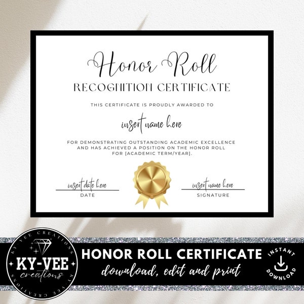 Printable honor roll certificates, INSTANT DOWNLOAD, Certificate of honor template, Editable graduation diploma award, Canva black and gold