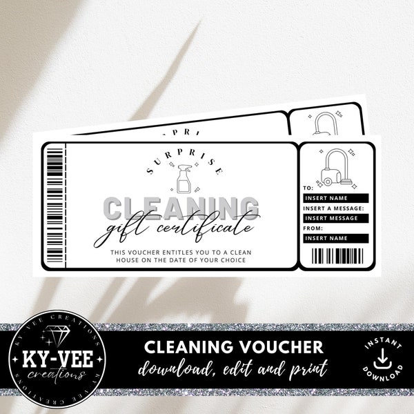 House cleaning gift certificate printable, INSTANT DOWNLOAD, editable clean voucher coupon, Canva template, last minute ticket idea, minimal