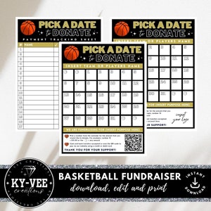 Pick a date to donate basketball calendar, sponsor package template for sports event/team, b-ball fundraiser tracker donation, black/gold
