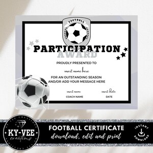 Printable football award certificate, INSTANT DOWNLOAD, editable football certificate template, football certificate of participation