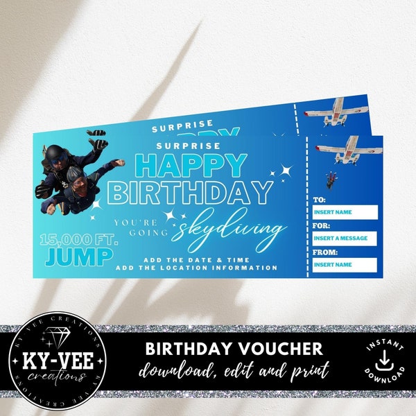 Skydiving gift certificate, INSTANT DOWNLOAD, editable skydiving ticket template, skydiving gift voucher, Canva template, Ombre blue ticket