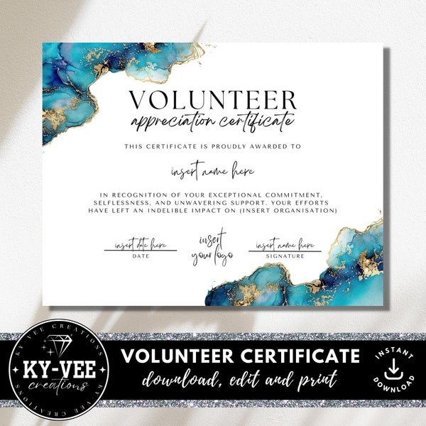 Printable certificate of appreciation for volunteering, INSTANT DOWNLOAD, Volunteer appreciation certificate template with blue alcohol ink