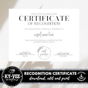 Template for certificate of recognition, INSTANT DOWNLOAD, Recognition award template, recognition certificate template, minimal template