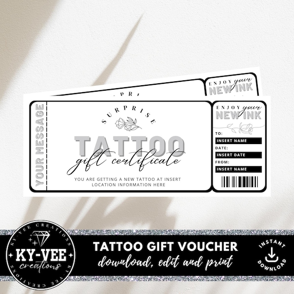 Tattoo voucher template, INSTANT DOWNLOAD, minimalist tattoo printable gift certificate, simple surprise ticket coupon, DIY birthday card