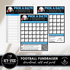 Wähle ein Datum aus, um zu spenden Bearbeiten für Fußballmannschaft, druckbarer Pay the Day Kalender, Sport-Spendenaktion, DIY-Sponsorclub-Paket, schwarz & blau