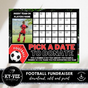Wählen Sie ein Datum aus, um Fußballkalender Fundraiser Fußball zu spenden, bearbeitbar den Tag für die Sportmannschaft zu bezahlen, meine Uniformvorlage zu sponsern, Foto hinzuzufügen, rot