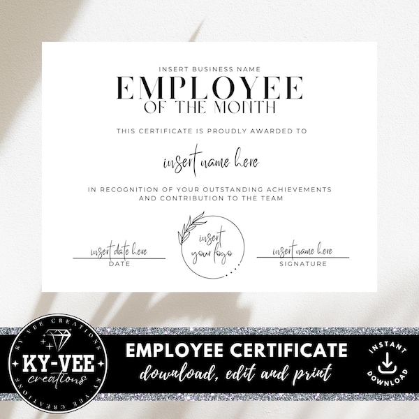 Employee recognition certificate template, INSTANT DOWNLOAD, printable awards for employees, editable employee of the month minimal template