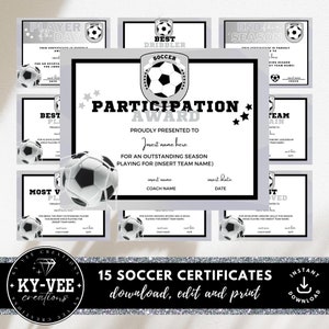 15 printable soccer award certificates INSTANT DOWNLOAD, editable soccer certificate templates, soccer team award, soccer certificate bundle