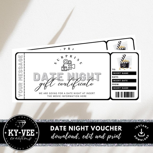 Date night certificate template, INSTANT DOWNLOAD, Printable movie voucher coupon, surprise ticket, custom special occasion last minute gift