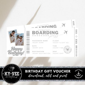 Faux billets d'avion imprimables, TÉLÉCHARGEMENT INSTANTANÉ, cadeau d'anniversaire surprise, bon cadeau de voyage bricolage, carte d'embarquement modifiable ajoutez vos propres photos