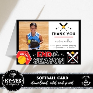 Softball Karten Vorlage Canva, INSTANT DOWNLOAD, Personalisierte Karten für Team, Personalisiertes Danke Sport Geschenk, printable Ende der Saison