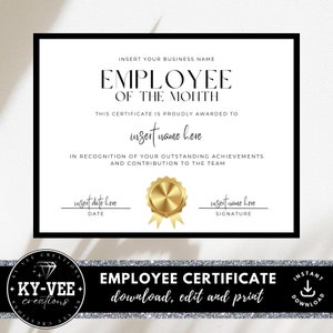 Modello di certificato di riconoscimento dei dipendenti, DOWNLOAD IMMEDIATO, premi stampabili dai datori di lavoro, dipendente del mese modificabile in nero e oro