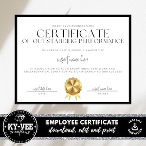 Template for certificate of outstanding performance, editable employee appreciation/ recognition award, printable template, black and gold
