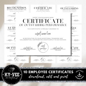 10 modelos de certificados de funcionários, DOWNLOAD INSTANTÂNEO, prêmios imprimíveis para funcionários, pacote editável de reconhecimento/apreciação, designs mínimos