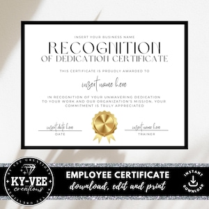 Certificat de reconnaissance du dévouement, modèle d’appréciation des employés, TÉLÉCHARGEMENT INSTANTANÉ, récompense imprimable pour les employés, design noir et or