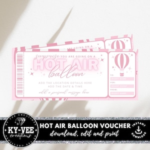 Hot air balloon gift certificate, INSTANT DOWNLOAD, editable hot air balloon ride ticket, printable hot air balloon gift voucher, DIY ticket