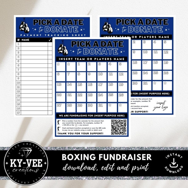 Pick a date to donate edit boxing calendar fundraiser for sports team or event, sponsor a day fundraising for donations, DIY Canva templates