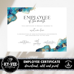 Modello di certificato di riconoscimento dei dipendenti, DOWNLOAD IMMEDIATO, premio stampabile per dipendente del mese con inchiostro blu alcolico, regalo di apprezzamento